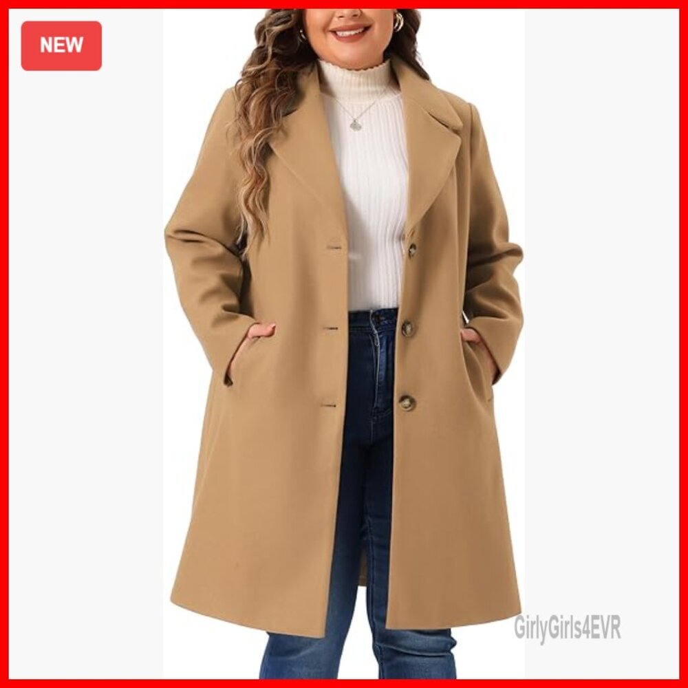Plus Size Wool Pea Coat Mid Length Notch Lapel Winter Jacket Women
